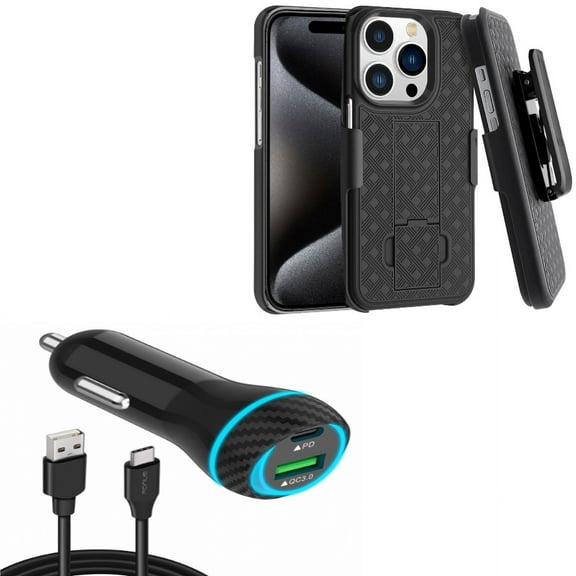Quick Car Charger & Case Belt Clip for iPhone 15 Pro Max - 43W 2-Port USB Cable Type-C PD Power and Holster Swivel Cover Kickstand L5Z for iPhone 15 Pro Max (6.7")