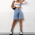 thumbnail image 2 of Women's Loose Casual Washed Jean Shorts for Summer, Relaxed Fit Five Quarter Straight Leg Pants with Medium Waisted Elastic Waistband for Everyday Comfortable Stylish Outfits,Blue L, 2 of 5