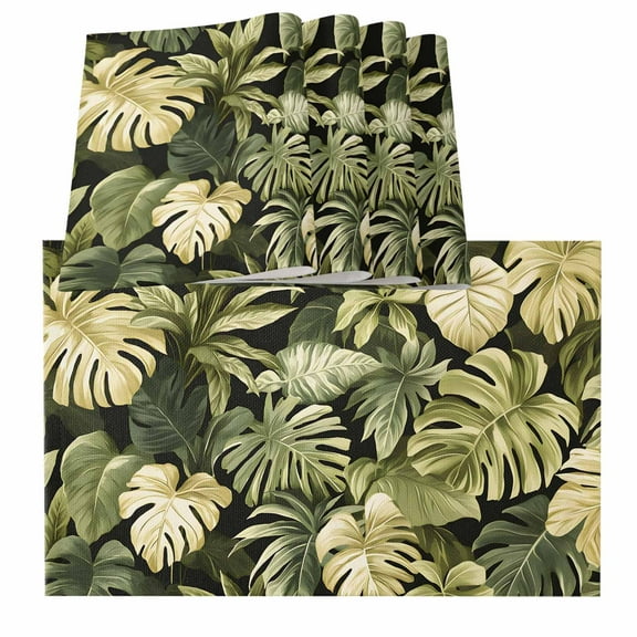 Summer Tropical Leaves Placemats for Dinning Table Set of 6, Watercolor Botanical Plants Burlap Kitchen Place Mats Waterproof Cloth Table Mats, Indoor Outdoor Placemats Easy Clean Dinner Decor