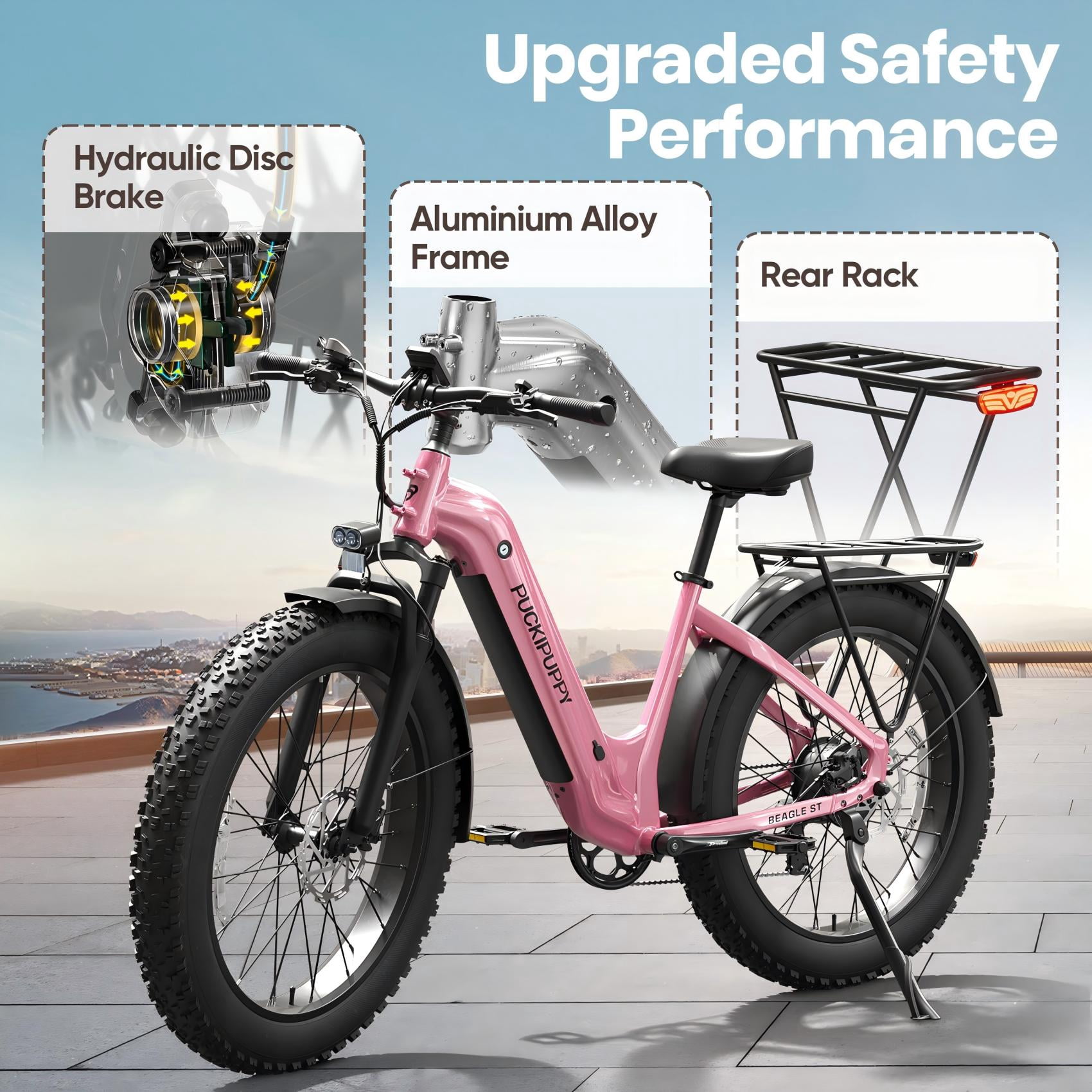 PUCKIPUPPY 26" Electric Bikes for Adults 28 mph Step Through E-Bikes 960W Peak 60Mile Max Range 48V 15AH Battery Fat Tire off Road Mountain E Bike Front Suspension (Pink), Comply with UL2849 by SGS