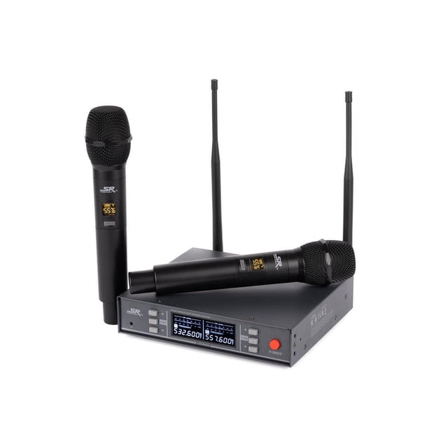 Sistema de Micrófonos Inalámbricos de Mano Dual Monoprice UHF 200-Channel 262 Foot Stage Right Serie