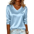 thumbnail image 4 of Women Silk Satin Tops Cap 3/4 Length Sleeve Blouse Summer V Neck Shirts Business Casual Outfits #01Light Blue M, 4 of 6