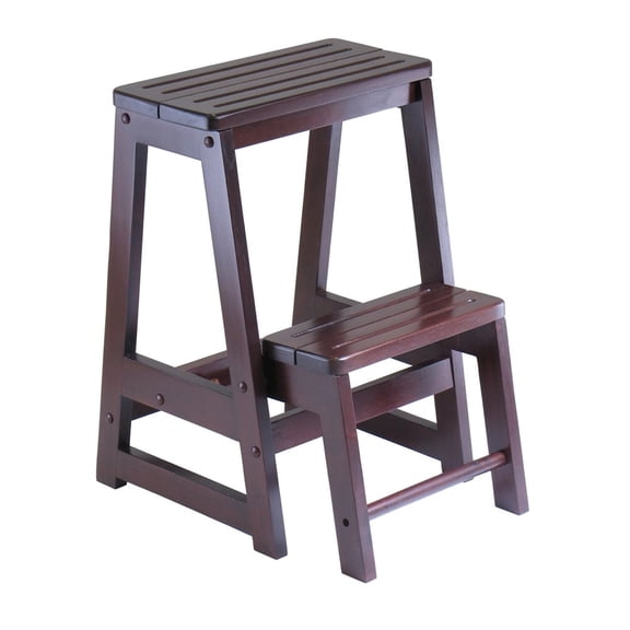 FurniFact Solid Wood Two-Step Stool, Foldable Lower Step, Sturdy, Brown