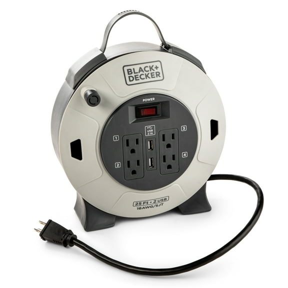 Black   Decker 25ft. Cord Reel 16AWG 4 Outlets   2 USB