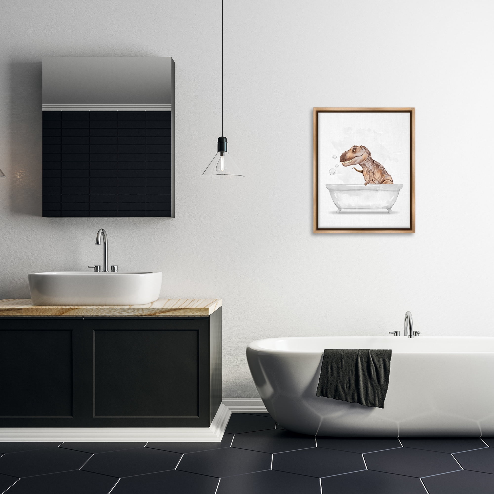 Stupell Industries T-Rex Dino in Bubble Bath Animals & Insects Painting Brown Floater Framed Canvas Art Print Wall Art, 25 x 31