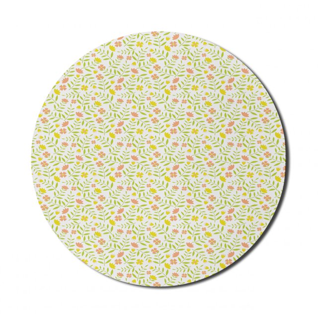 Abstract Mouse Pad for Computers, Nursery Concept of Tiny Twiggy Tulips and 4 Petal Flowers, Round Non-Slip Thick Rubber Modern Gaming Mousepad, 8" Round, Yellow Green Salmon, by Ambesonne