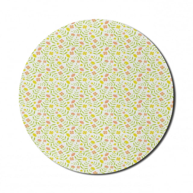 Abstract Mouse Pad for Computers, Nursery Concept of Tiny Twiggy Tulips and 4 Petal Flowers, Round Non-Slip Thick Rubber Modern Gaming Mousepad, 8" Round, Yellow Green Salmon, by Ambesonne