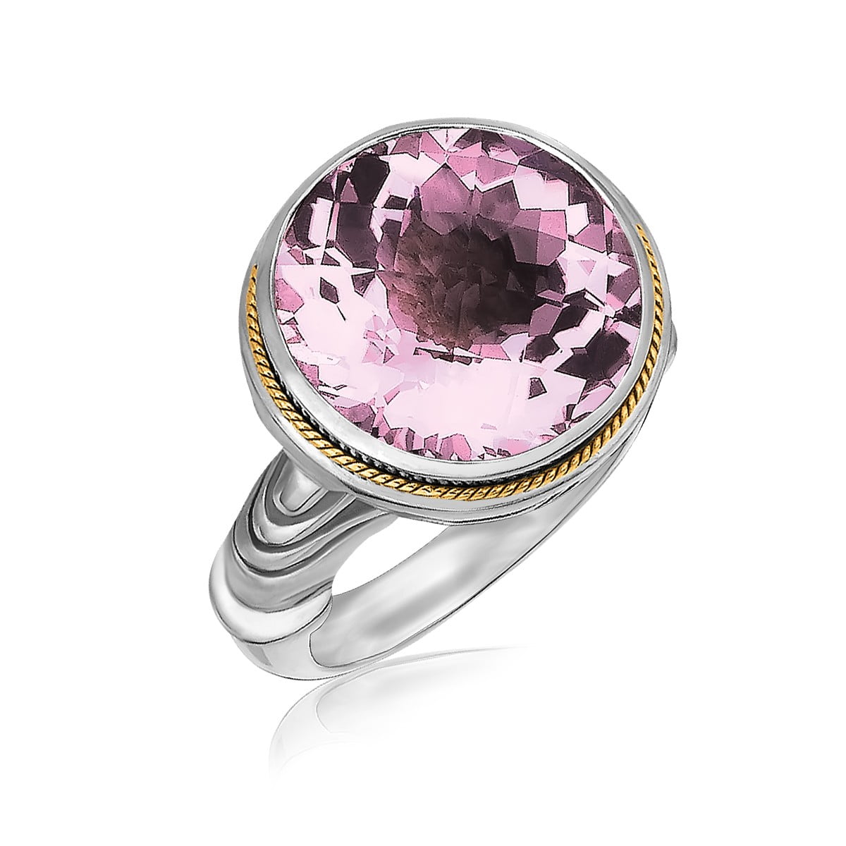 18K Yellow Gold and Sterling Silver Round Pink Amethyst Ring Size 8 by Mia Diamonds