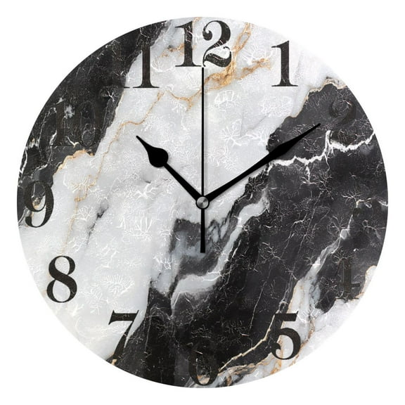 White Black Marble Texture Round Wall Clock Battery Operated Silent Non-Ticking Bedroom Office Kitchen Home School Decor 10"(Black)