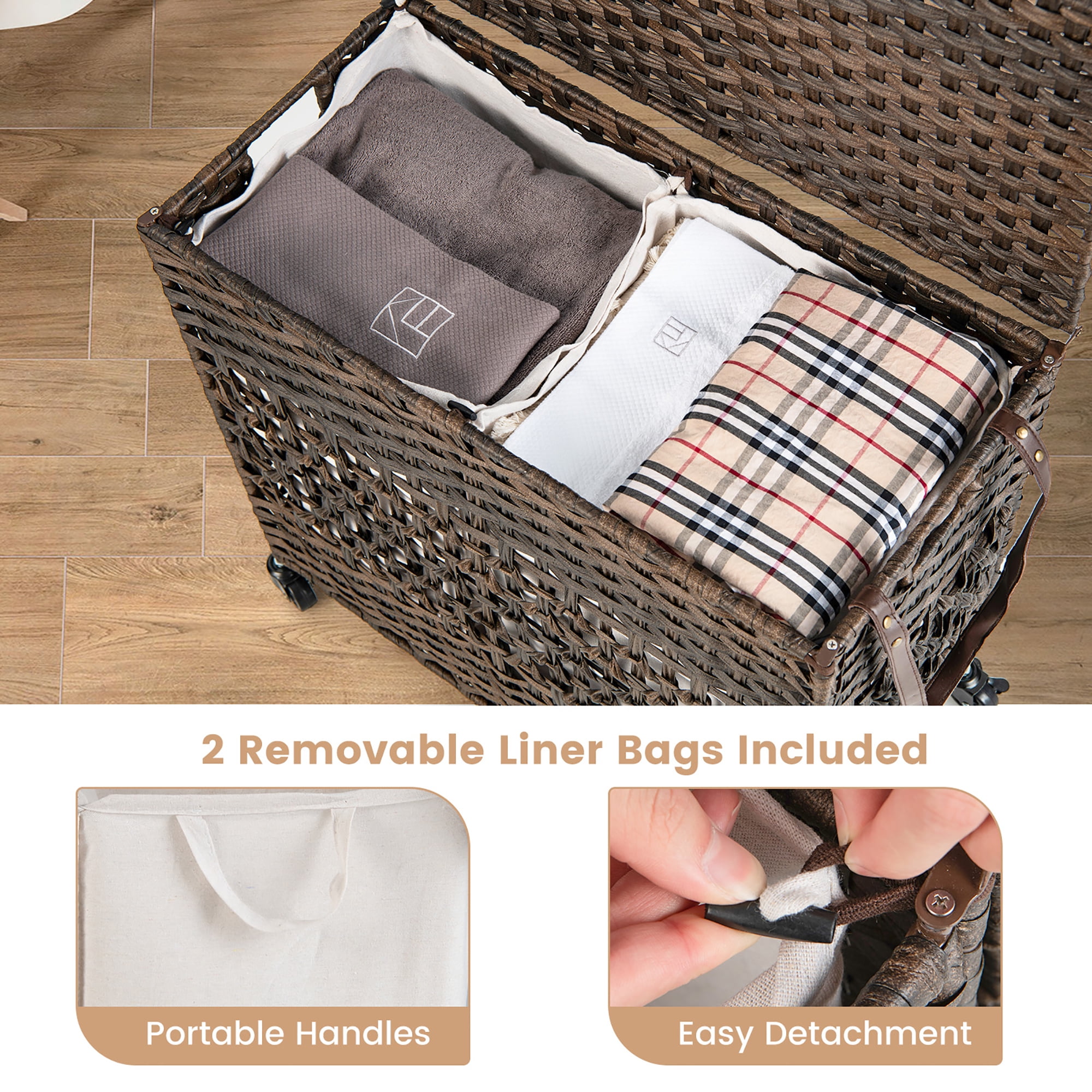 Costway 110L Laundry Hamper w/Wheels Clothes Basket w/Lid and Handle and 2 Liner Bags