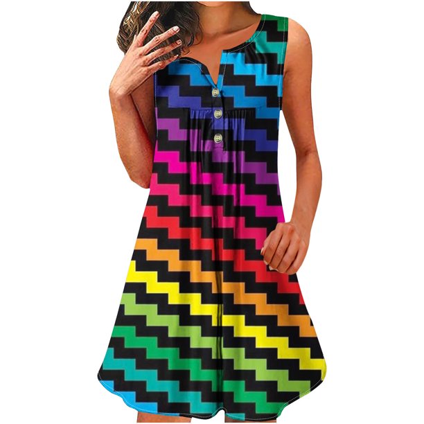 Vestido sin Mangas para las Mujeres Pullover de Botón, Vestido de Poliéster Impreso Casual, Ropa Diaria de Verano sin Mangas de las Mujeres