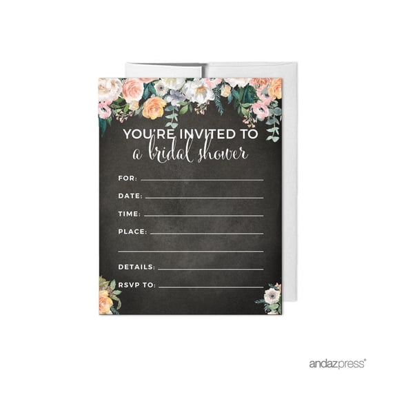 Koyal Wholesale Peach Chalkboard Floral Garden Bridal Shower Paper Invitations, Blank Cards with Envelopes, 20-Pack