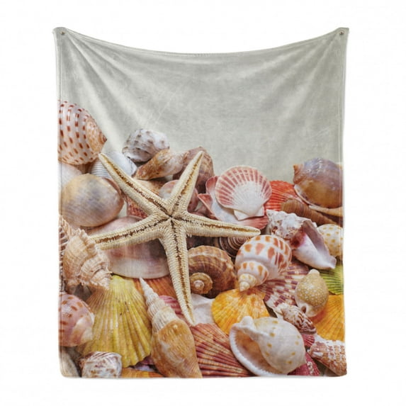 Seashells Soft Flannel Fleece Blanket, Pile of Seashells Nature Beach Theme Sea Starfish Spiral Shape Pattern, Cozy Plush for Indoor and Outdoor Use, 50" x 60", Coconut Cream Orange, by Ambesonne