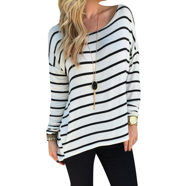 Nlife - Nlife Women Long Sleeve Black White Stripe Tunic Top - Walmart