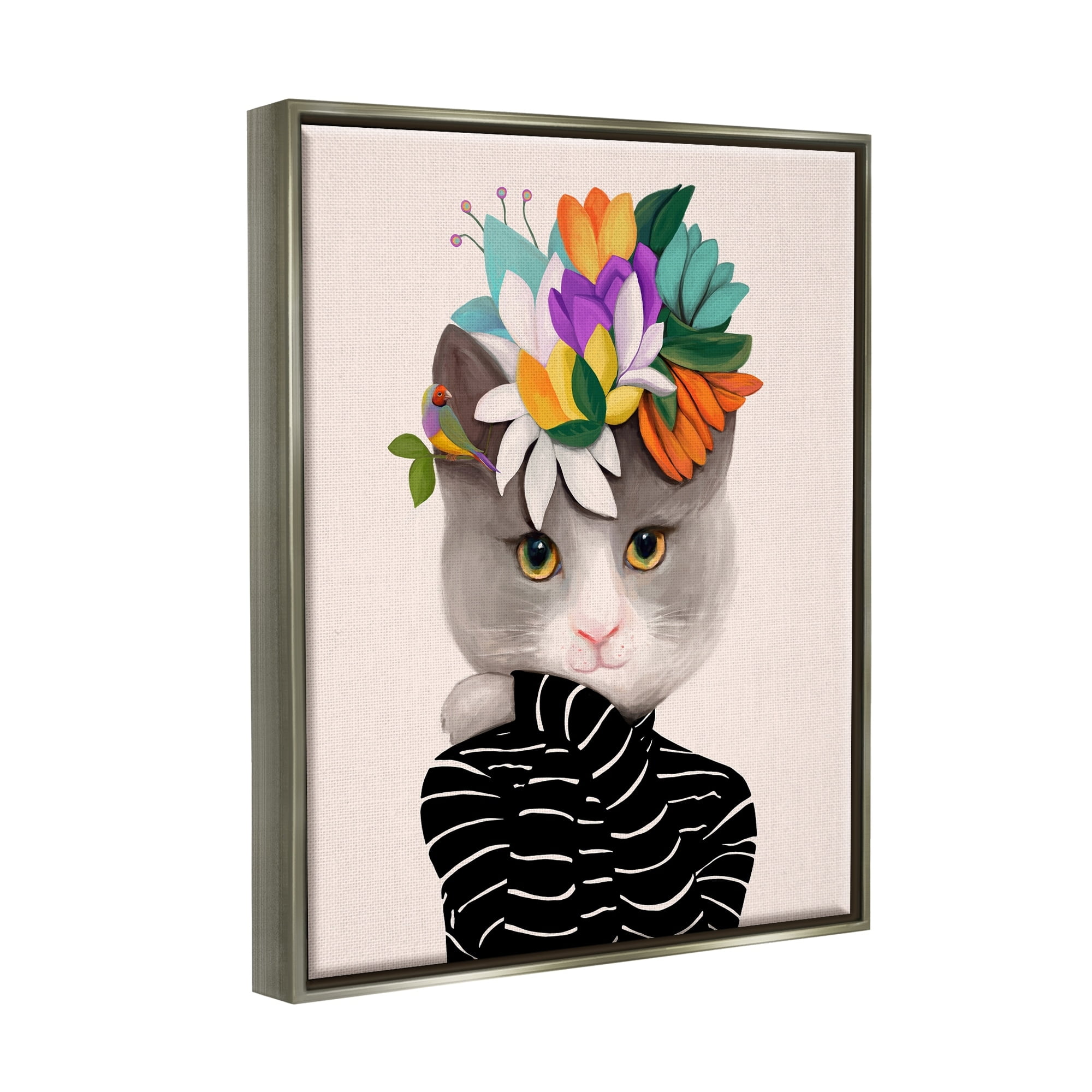 Stupell Industries Bold Floral Design Grey Cat Striped Sweater Luster Gray Framed Floating Canvas Wall Art, 24x30, by Ioana Horvat