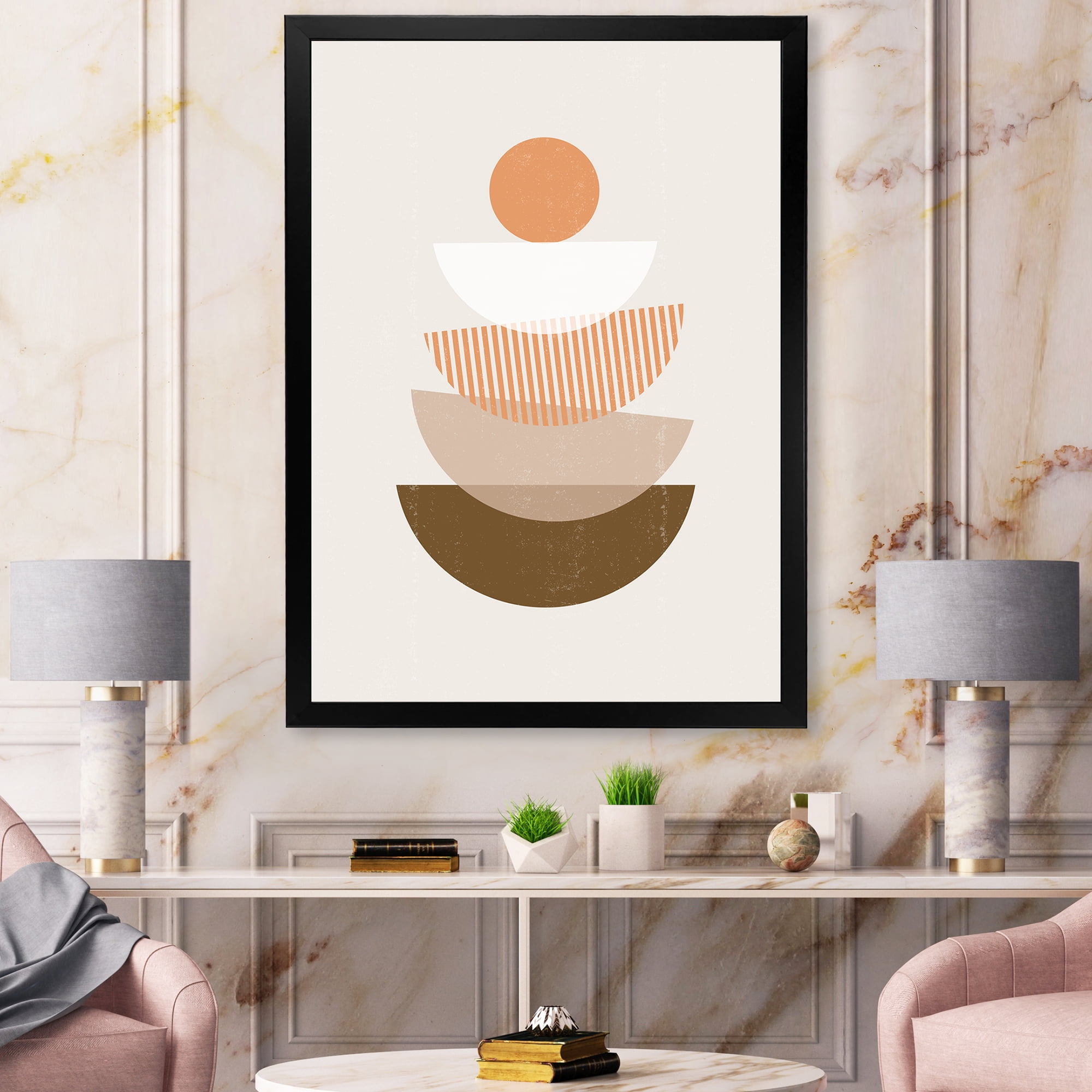 Designart 'Abstract Moon and Sun Geometrics In Terracotta I' Modern Framed Art Print