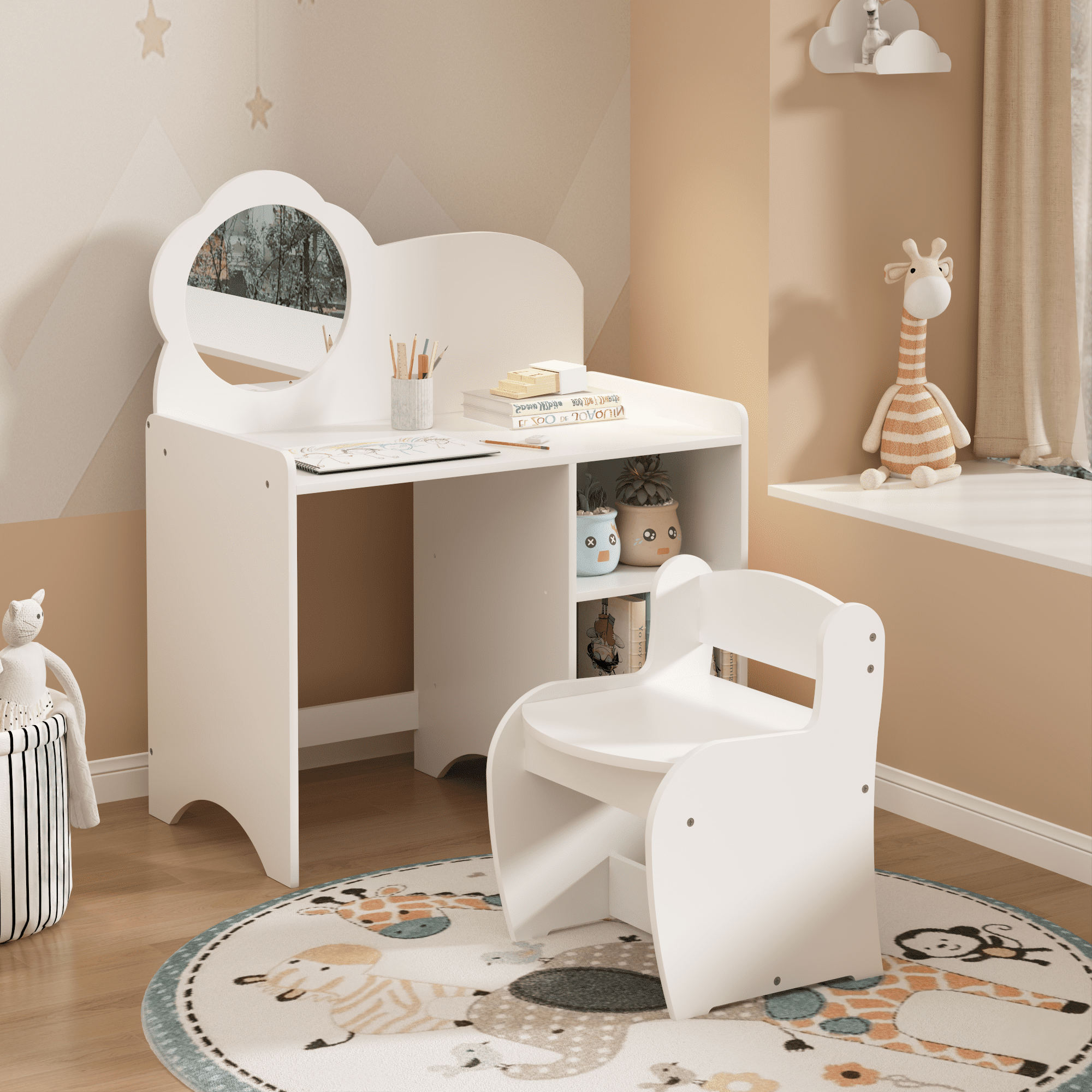 Kids Vanity Table with Mirror,Wooden Dressing Makeup Desk with Storage Shelves with Chair,Study Table for Bedroom,White