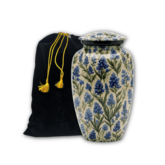 Bluebonnet Cremation Urns for Human Ashes Adult Female Male - Large 10.5" Wildflower Funeral Memorial Urns with Velvet Bag, 200 Cubic Inches