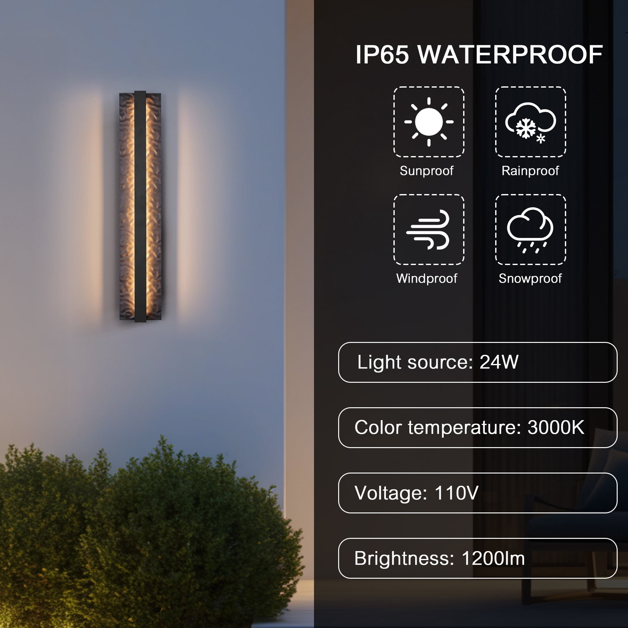 23.6in Long Outdoor Modern LED Wall Lights, Hammered Wrought Iron and Aluminum, 3000K Linear Exterior Lighting Fixtures Wall Mount Waterproof Outside Sconce for House Porch Patio Garage