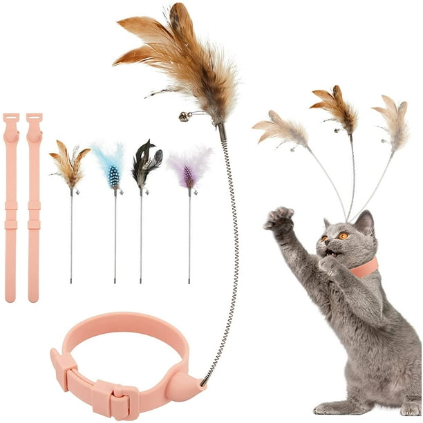 6 Pieces Cat Feather Collar Toys Cat Interactive Feather Toy Cat Feather  Wand Collar Funny Cat Stick Artificial Feather Wand Toy with Bell  Replaceable Cat Collar Kitten Teaser Toy for Indoor Cat