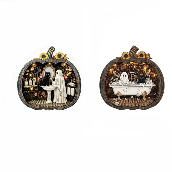 Enchanting Halloween Ghost Pumpkin Decor, Vintage Wooden Tabletop Ornament,2pc