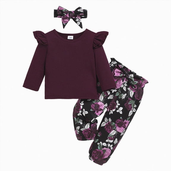 KPOPLK Infant Baby Girl Clothes 6 9 12 18 24 Months 2t 3t Ruffle Sleeve Top Floral Print Pants with Headband 3 Piece Set,Size 6-9 Months