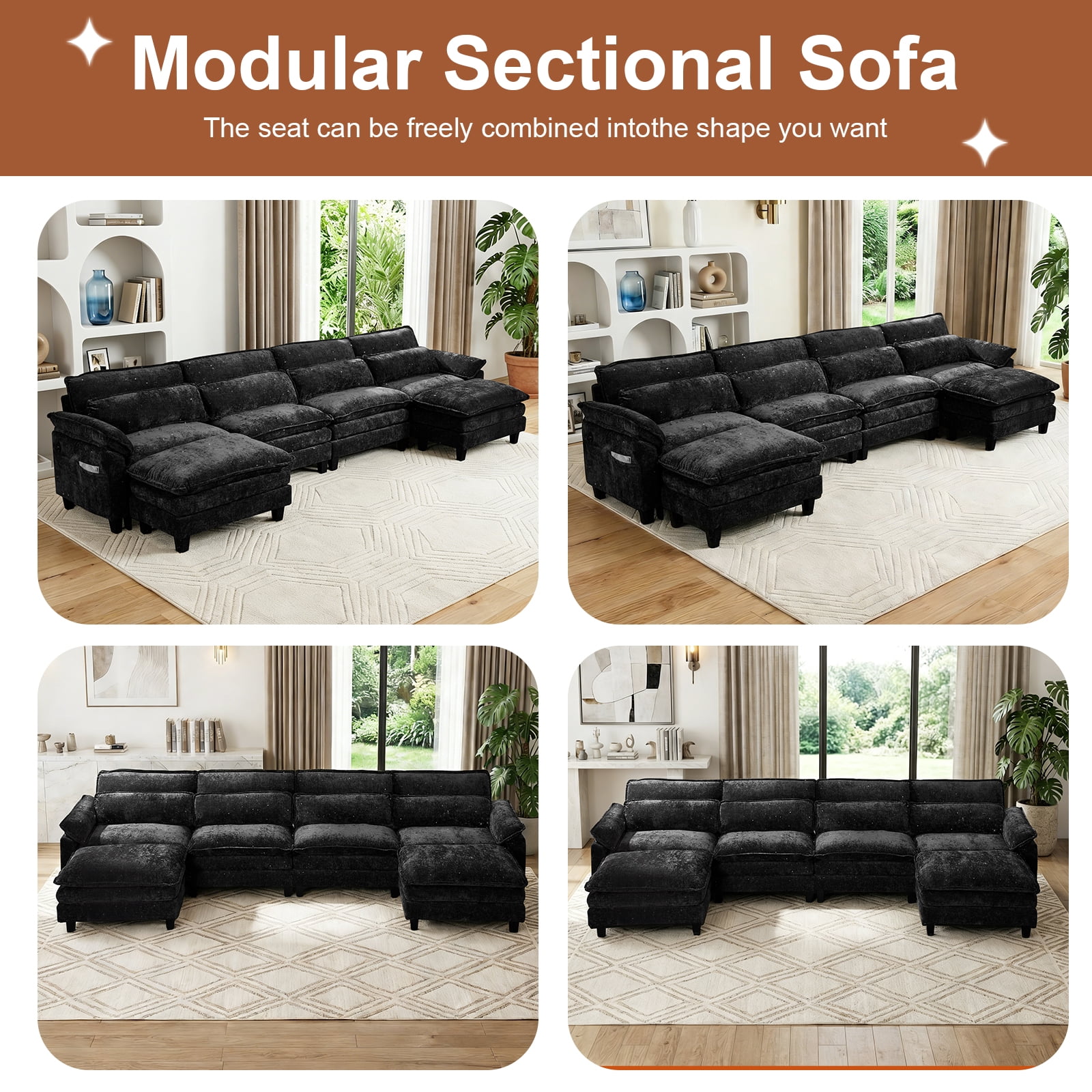 Howcool 148" Modular Sectional Sofa , 4 Seater U-Shaped Cloud Couch with Movable Ottoman, USB Charging Ports & Side Pockets, Sectional couchs for Living Room,Chenille Fabric,Black