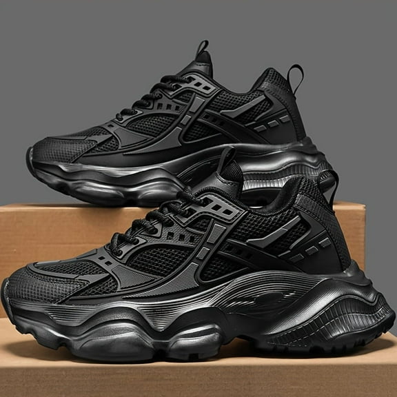 [Black Sneakers] Breathable Men's Black Athletic Sneakers | Lace-Up Design, Durable MD Sole for Running, Hiking & Casual Wear