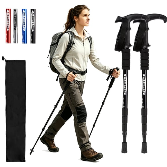 2 Pack Aluminum Trekking Poles, Folding 4 Section Hiking Walking Sticks, Lightweight Collapsible Camping Poles, Black