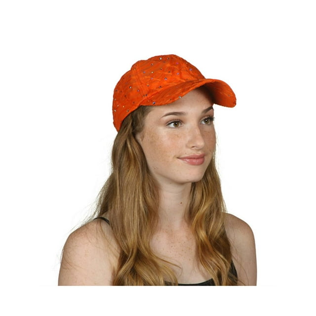 Womens Flower Sequin Trim Baseball Cap - Orange