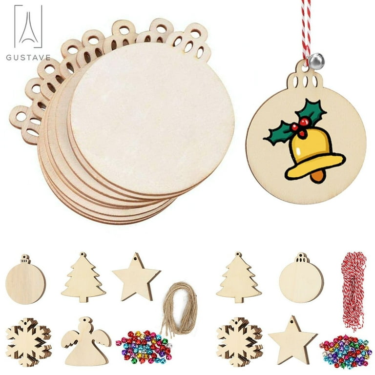 Hidreas 40pcs Christmas Crafts Unfinished Wooden Christmas Ornaments Kit, DIY Ornaments Crafts with 40pcs Colorful Bells and 40pcs Wax Rope for