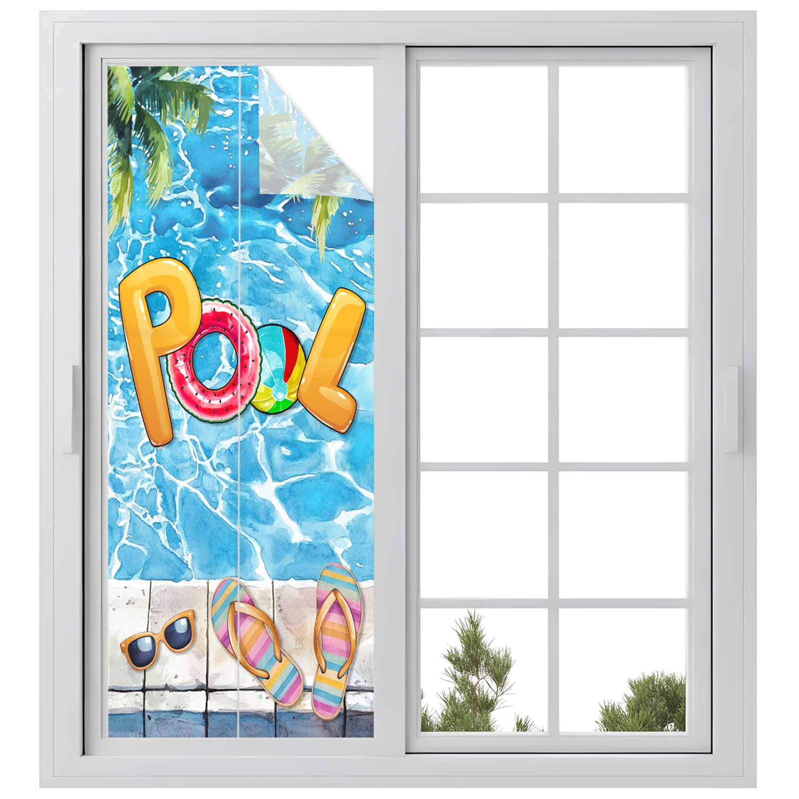Blue Summer Pool Window Privacy Film, Watermelon Swimming Ring Slippers Static Cling UV Sun Blocking Tint Film Heat Control Windows Films for Bedroom Bathroom, Window Stickers 23.6"x59"