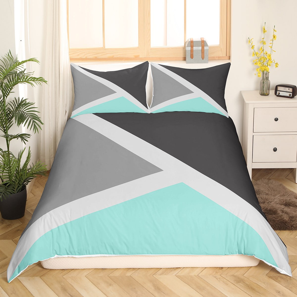 YST Lime Green Black Grey Bedding Set Geometric Triangle Duvet