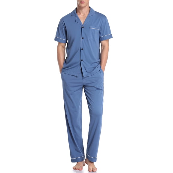 MAYFISH 100% Cotton Men's Sleepwear Short Sleeve Top and Long Pants Pajama Set Summer Breathable Pjs with Pockets (Blue,M)