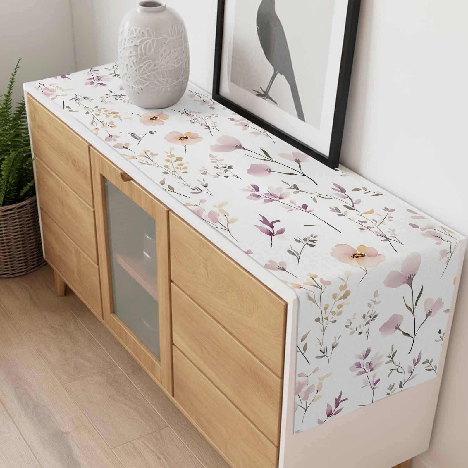 Watercolor Pink Table Runner 13x120 inch Flower Leaves Rustic Vintage Spring Plant Cotton Linen Dining Table Runner Ideal for Dresser Kitchen Coffee Tables - Machine Washable