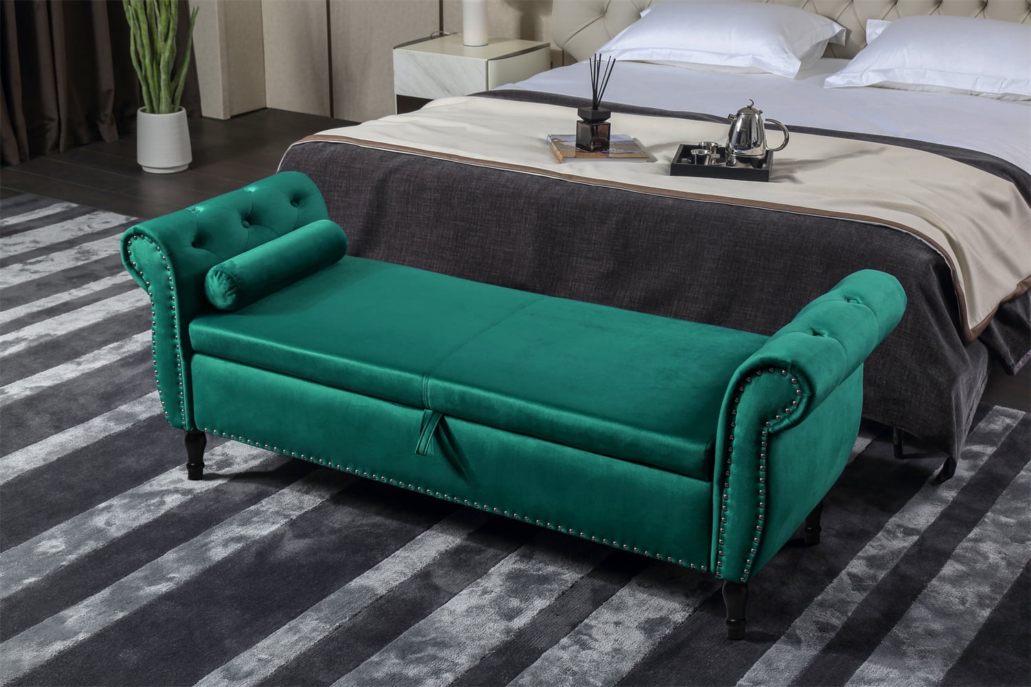 63" Storage Bench Stool with Storage, Velvet Button Tufted Upholstered