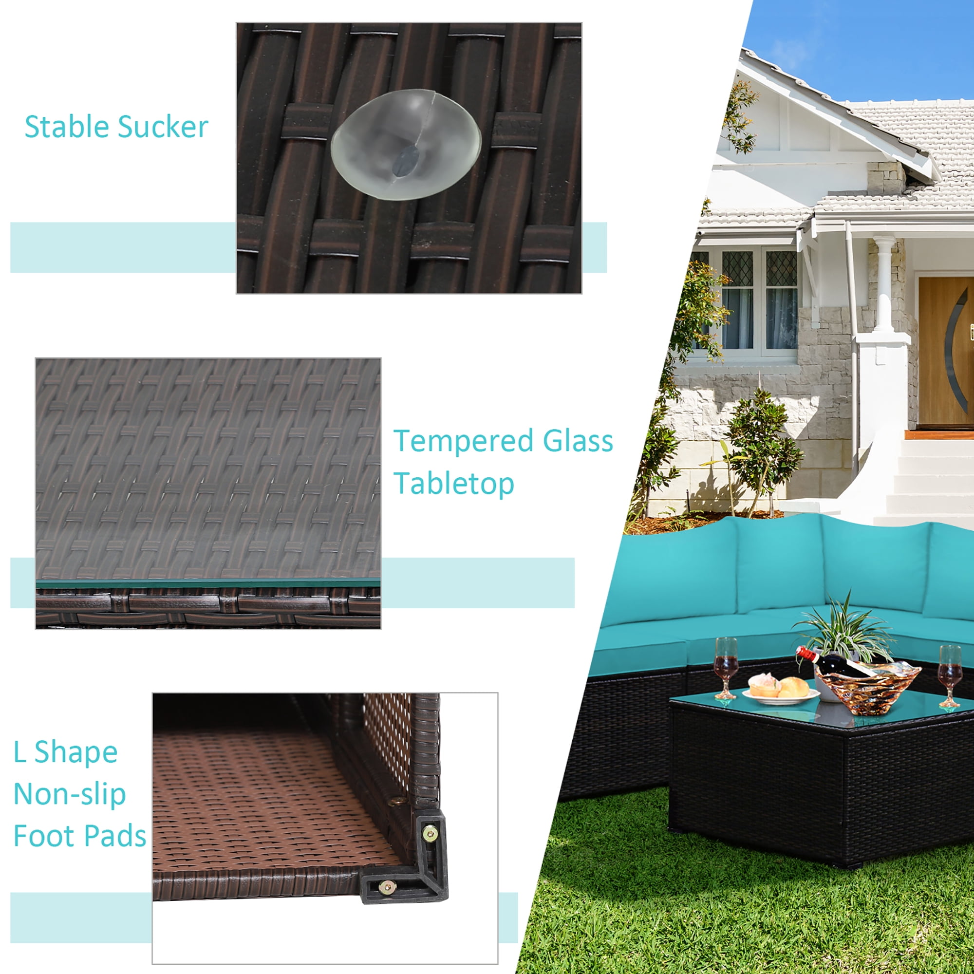 Costway 6PCS Patio Rattan Furniture Set Sectional Cushioned Sofa Deck Turquoise