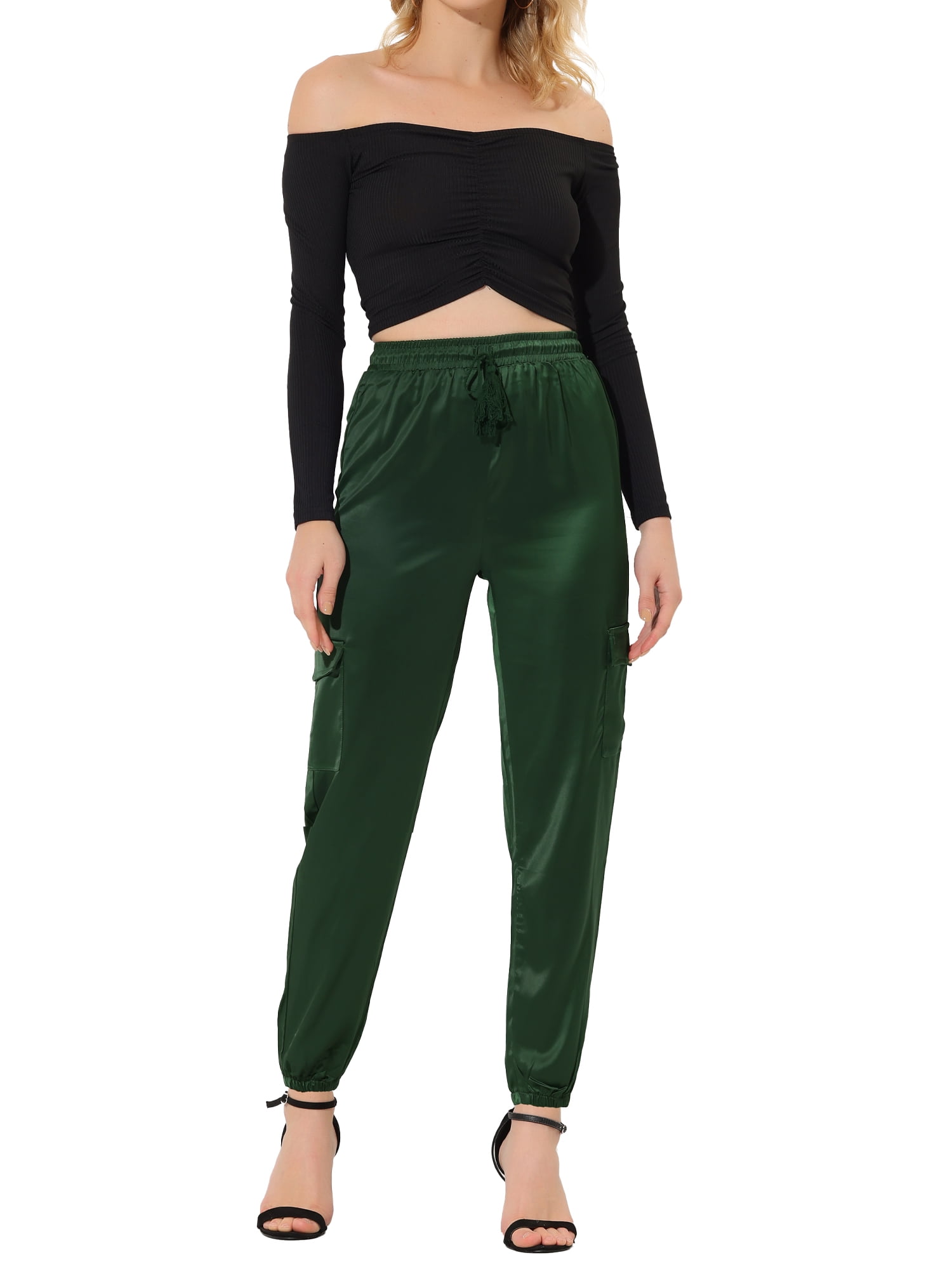 DARING DIVA Women's Drawstring Elastic High Waist Satin Cargo Pants M Dark Green