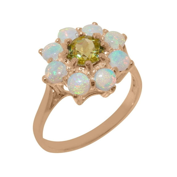 LBG British Made Traditional Solid 9k Rose Gold Ring with Natural Peridot & Opal Womens Statement Ring - 33 size options - Size 4.25