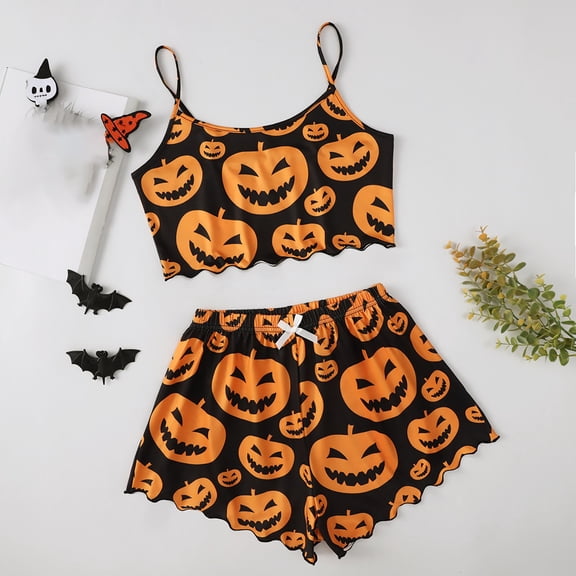 LIZUOJUN Pajamas For Women Set Halloween Pumpkin Print Camisole Top Shorts Set Spaghetti Strap Soft Breathable Lightweight Loungewear Home Pajamas - S