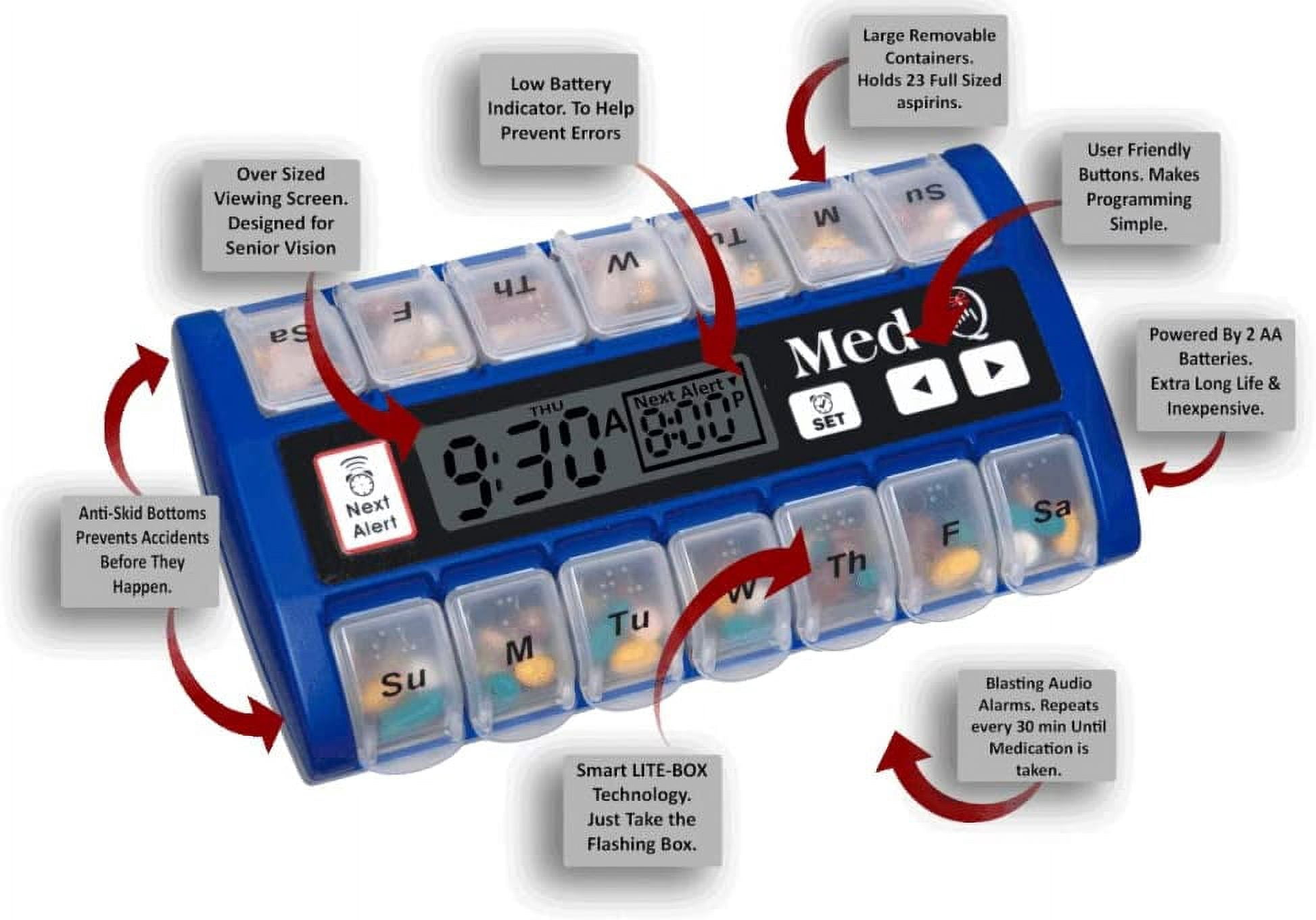 MED-Q Digital Pill Box Organizer, 2 Beep Reminder, LED Alert, Blue