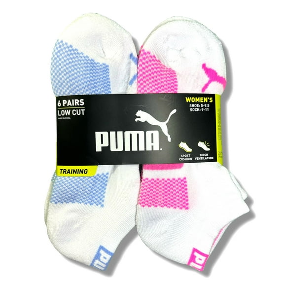PUMA SOCKS WOMEN'S - LOW CUT 253 - KIRO WHITE BLUE PINK - SHOE SZ 5-9.5 - PACK 6