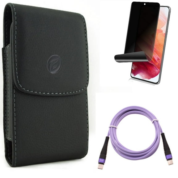 Privacy Screen Protector & Purple 6ft PD Cable & Case Belt Clip for Samsung Galaxy S22 (6.1") - TPU Film Fingerprint Works & Type-C to USB-C Long Charger Cord & Leather Holster Accessory Bundle