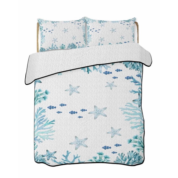 Quilts Queen Size Bedding Set, Watercolor Sea Coral Reversible Summer Quilt 3 Pieces, Summer Ocean Marine Starfish Blue Green Lightweight Bedspreads Coverlets with 2 Pillow Shams for All Seasons