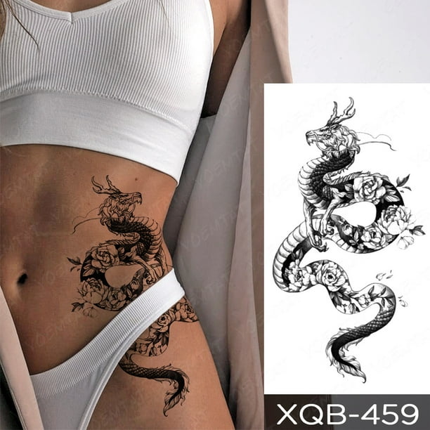 Impermeable Temporal Tatuaje Pegatina Dragón Negro Serpiente Peonía Rosa Totem Flash Tatto Mujeres Hombres Oscuro Sexy Cintura Brazo Tatuajes Falsos Gao Jiahui unisex
