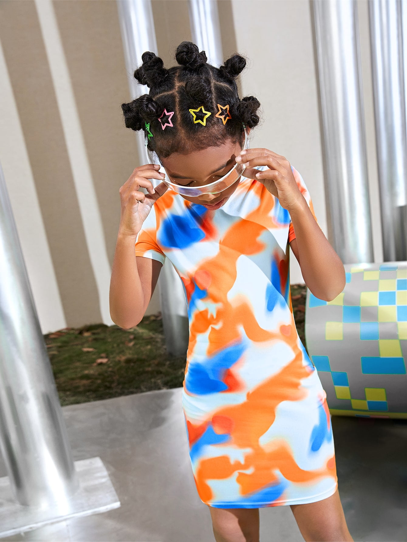 Short Sleeve Girls Tie Dye Mock Neck 