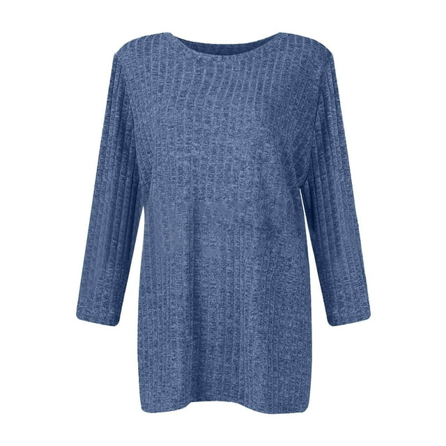 T-Shirt Décontracté pour Femme à Col Rond, Rayé Givré, Couleur Unie, Manches Trois-Quarts, pour un Confort et un Style au Quotidien