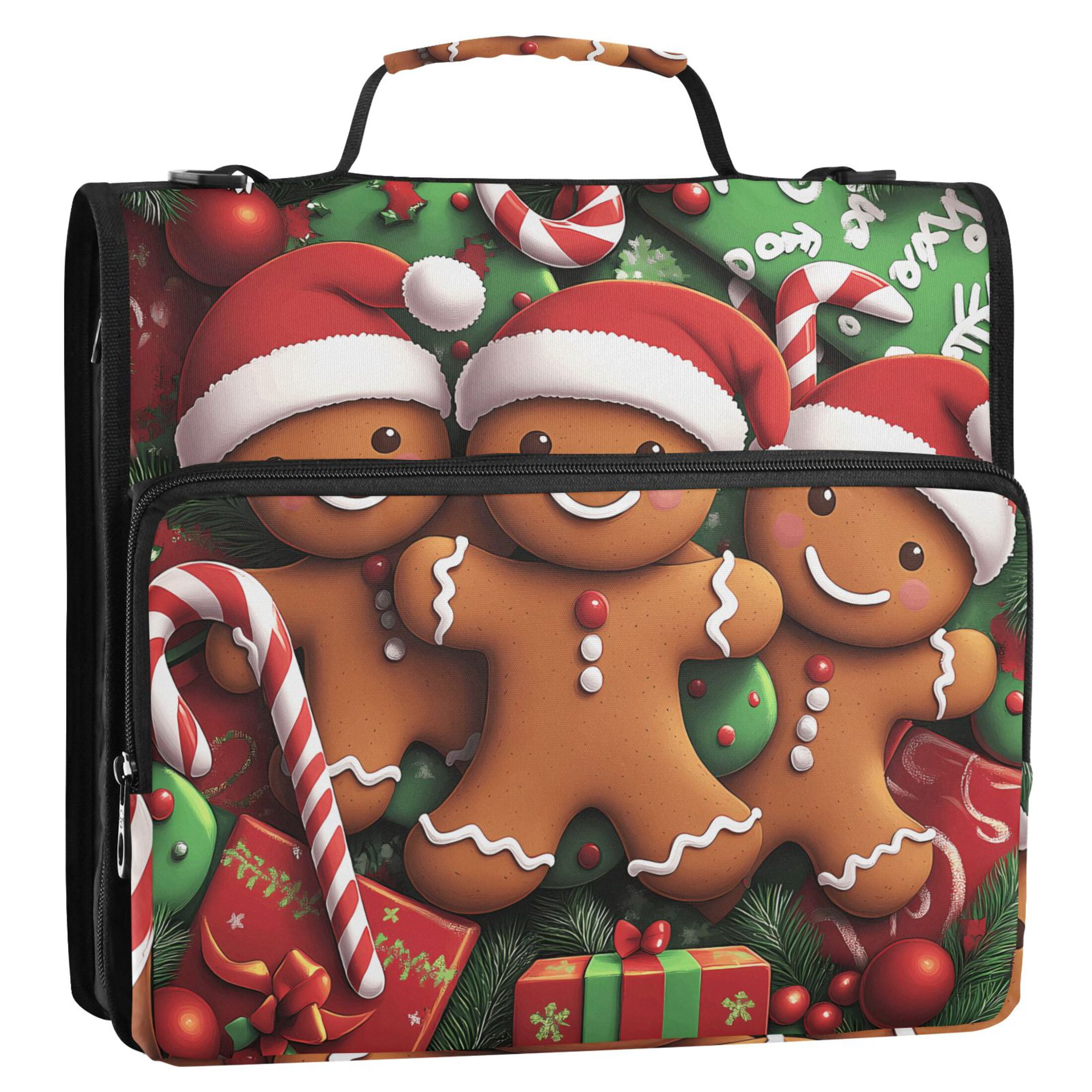 3 Ring Zipper Binder with Shoulder Strap Waterproof Trapper Keeper 2 Inch D-Ring 500 Sheets Capacity Christmas Gifts Gingerbread Men
