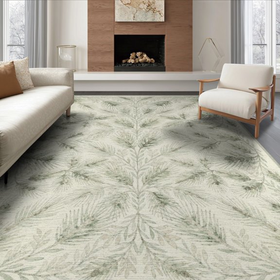 ODIKA 8'x10' Washable Area Rug Non-Shedding, Easy Care, Watercolor Forest Botanical Vine Border Hardwood Long Farmhouse Flowing for King Size Bedroom Under Bed, Master Suite
