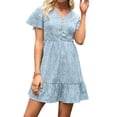 thumbnail image 3 of Xuanfei Women Floral Print Deep V Neck Short Sleeve Button Ruffled Hem Mini Dress, 3 of 7
